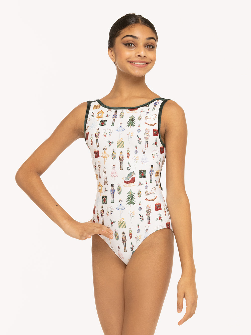 Eleve Dancewear Louise Leotard in Nutcracker Fantasy print, front view detail