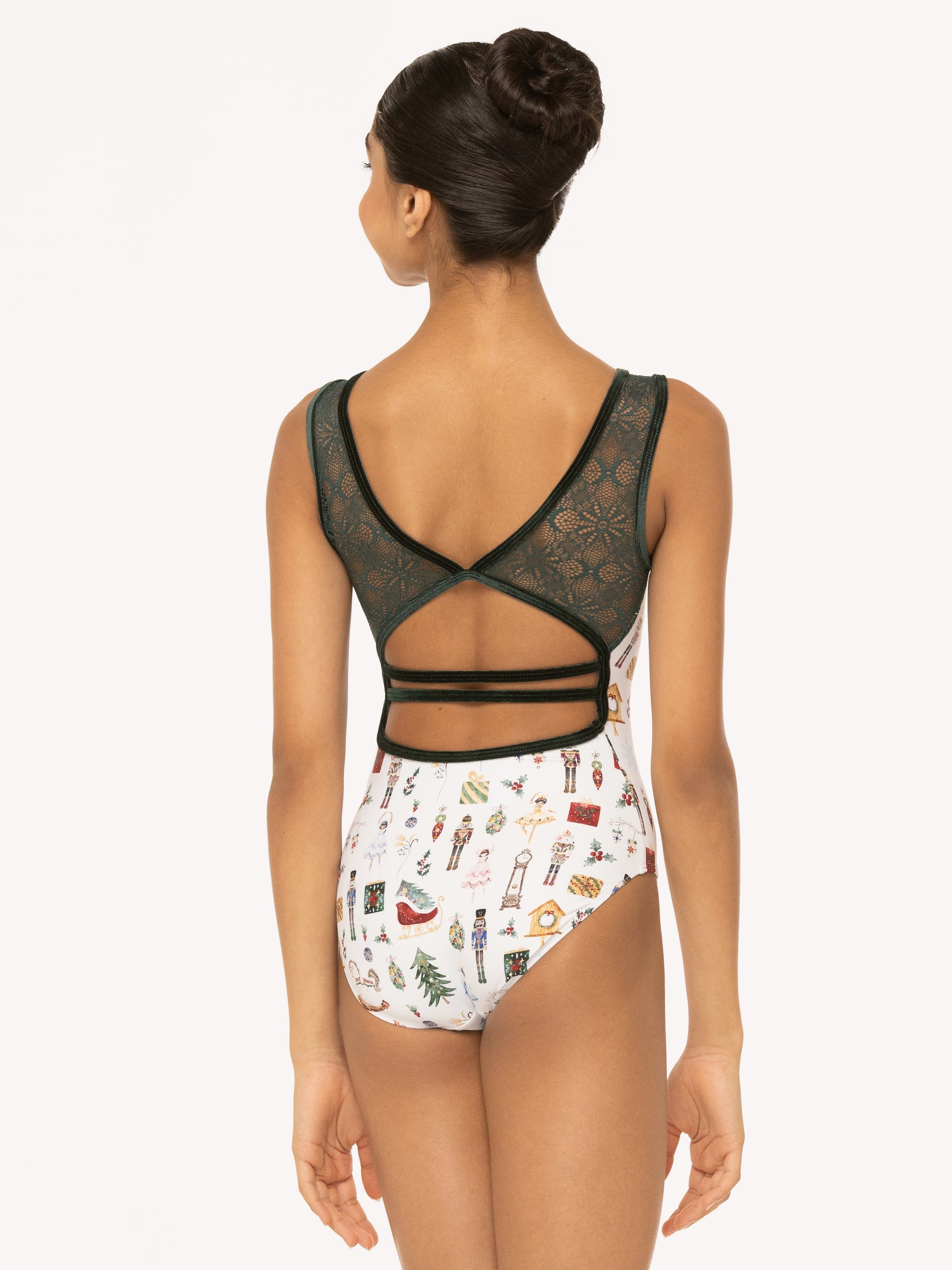 Eleve Dancewear Louise Leotard in Nutcracker Fantasy print, back view detail