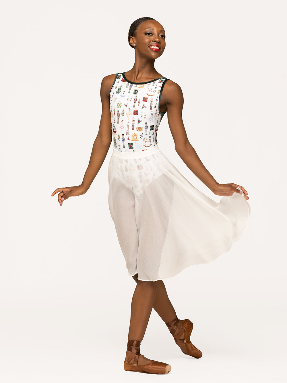 Eleve Dancewear Chiffon Rehearsal Skirt Stage in White color, front detail view of model posing