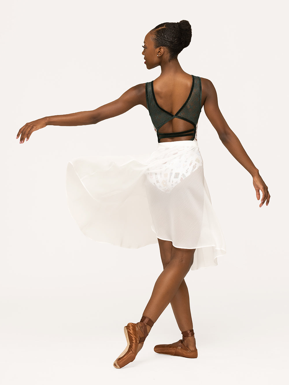 Eleve Dancewear Chiffon Rehearsal Skirt Stage in White color, back detail view of model posing