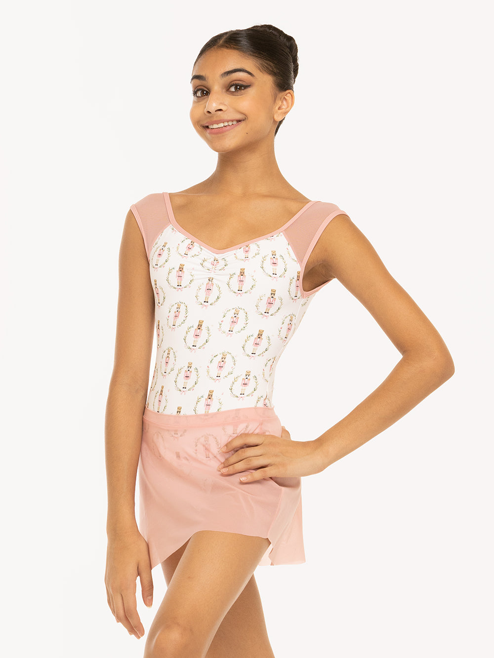 Eleve Dancewear Celine Leotard in Nutcracker Wreath print, detail front view