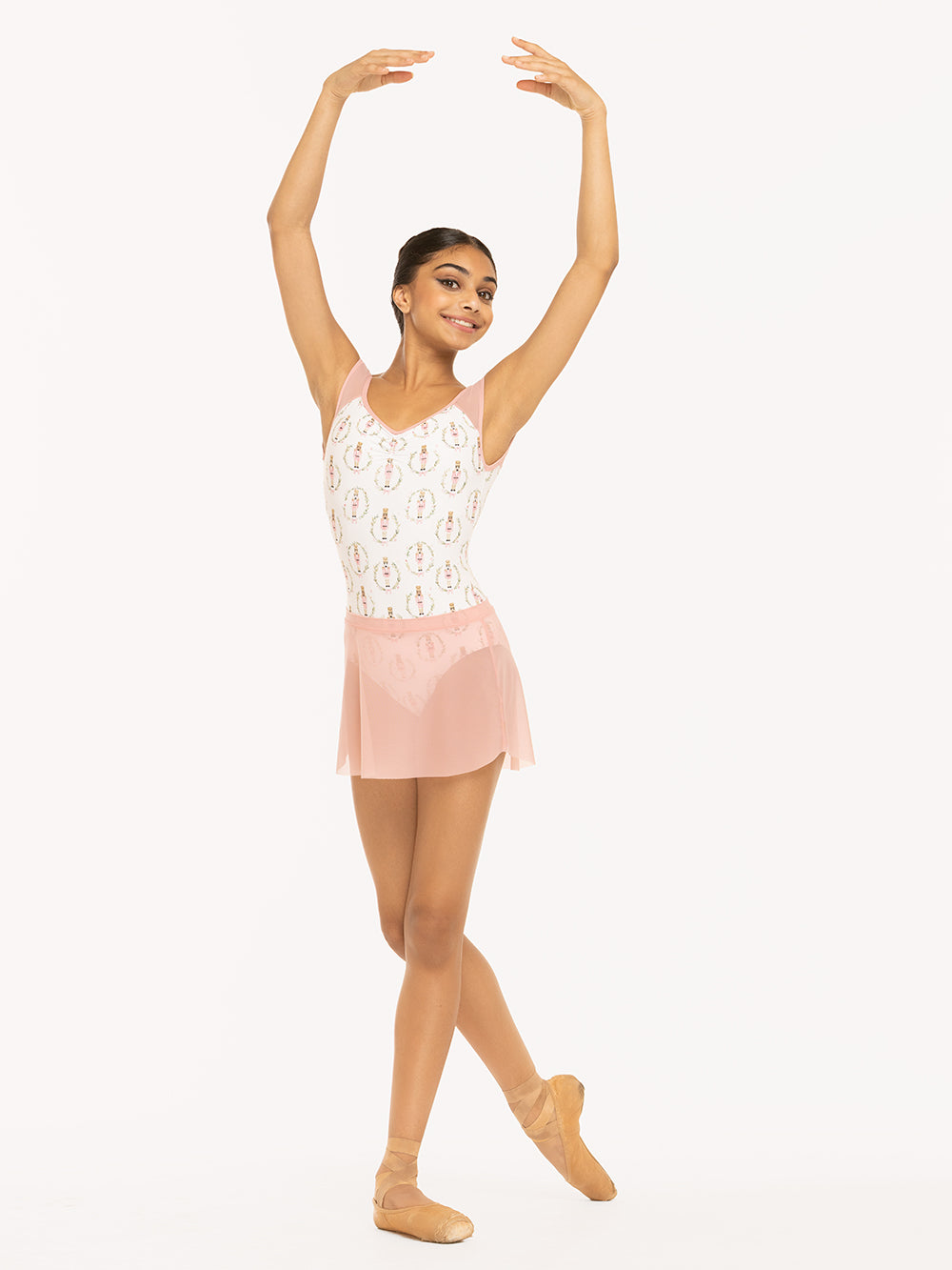 Eleve Dancewear Celine Leotard Kids in Nutcracker Wreath print, front detail view