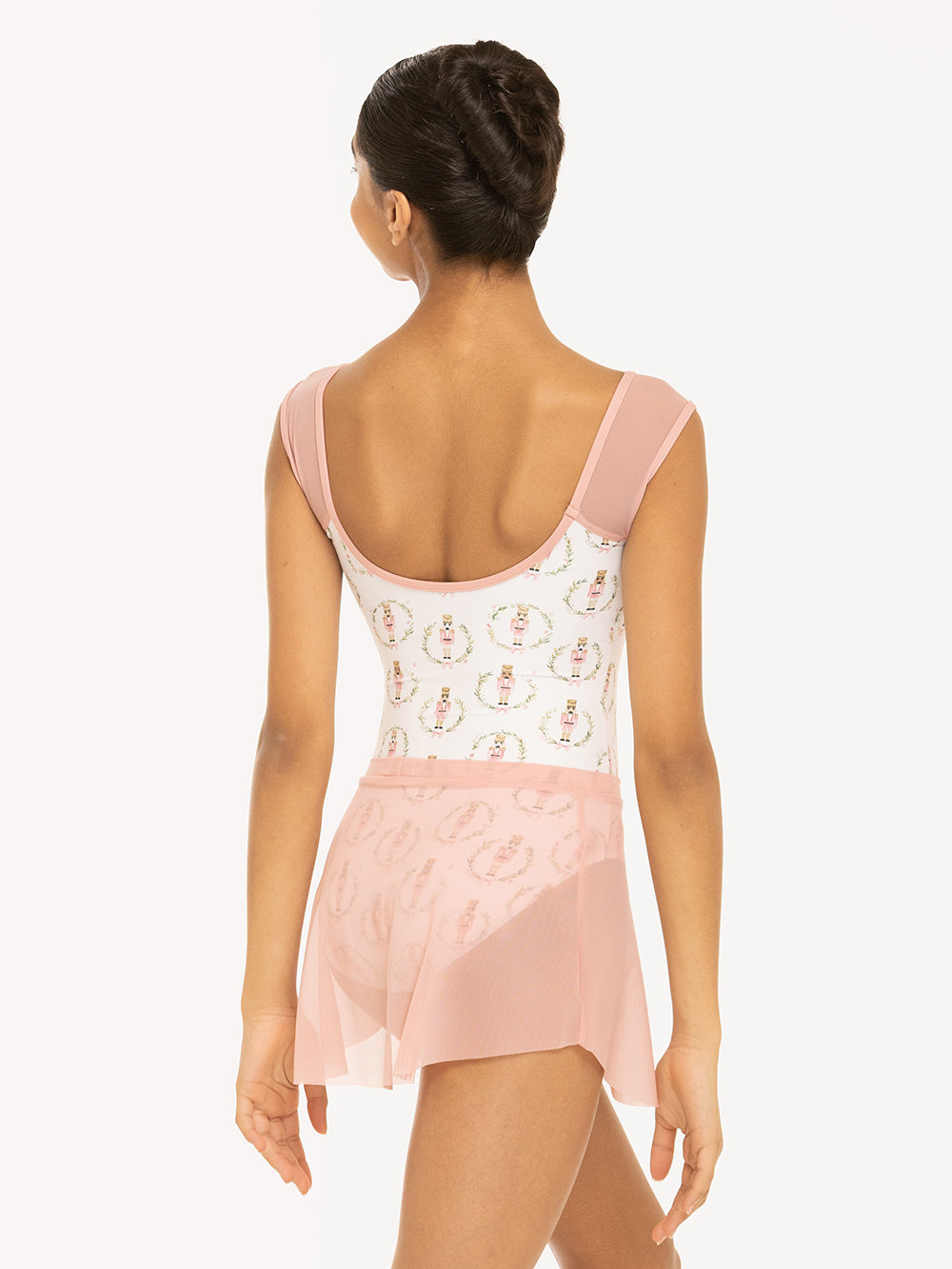 Eleve Dancewear Tulip Skirt Kids in Rose Mesh print color, back view of model posing