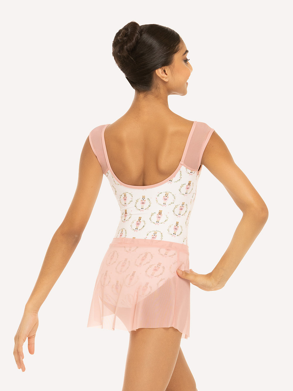 Eleve Dancewear Celine Leotard in Nutcracker Wreath print, detail back view