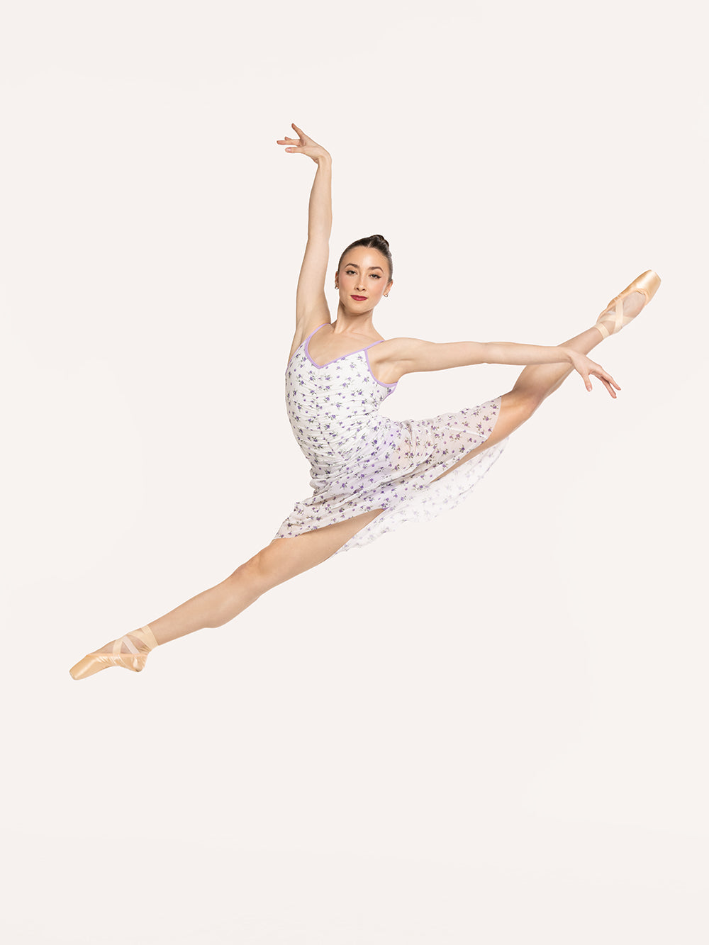 Eleve Dancewear Amora Long High-Low Skirt in Pathway Mesh print, front view of dancer on on sissonne