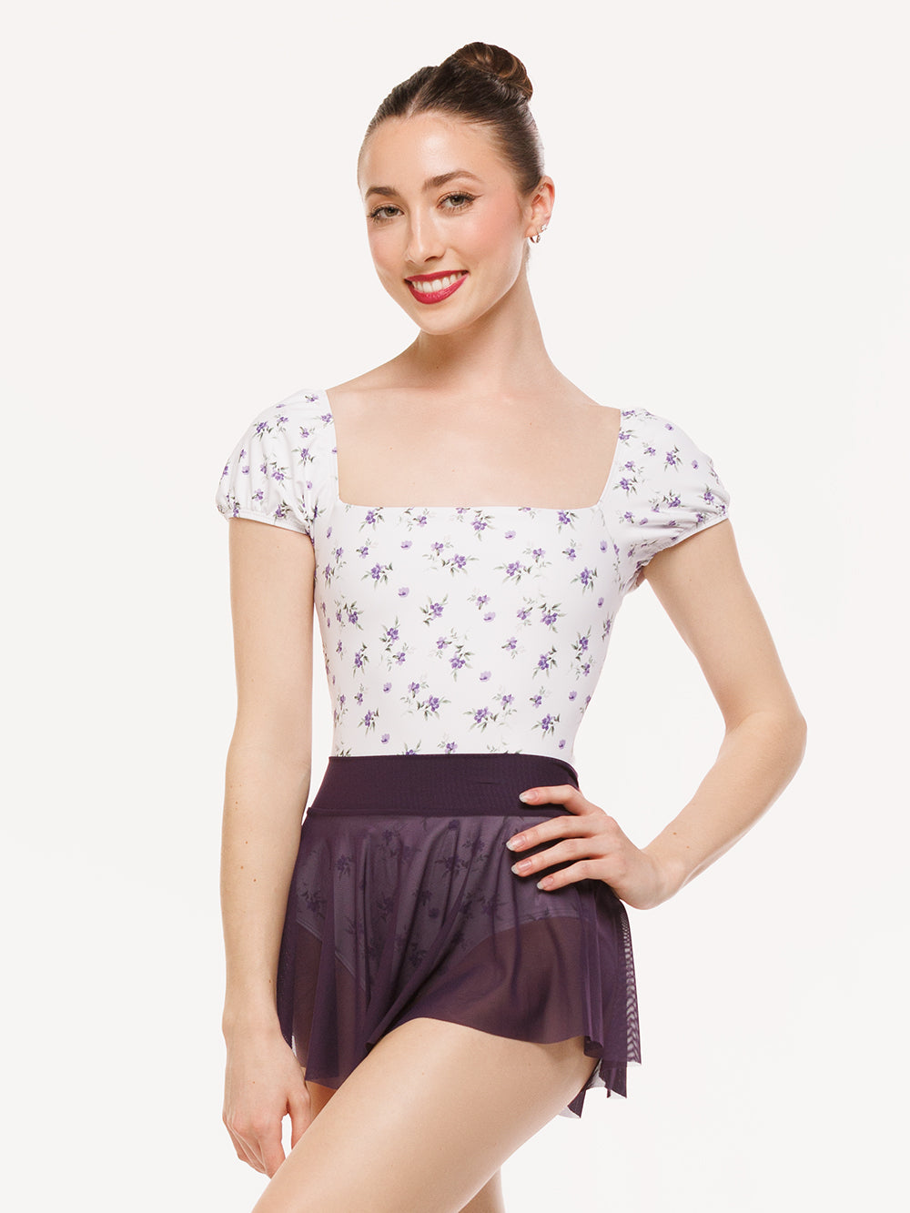 Eleve Dancewear Xena Leotard in Pathway print, front detail view