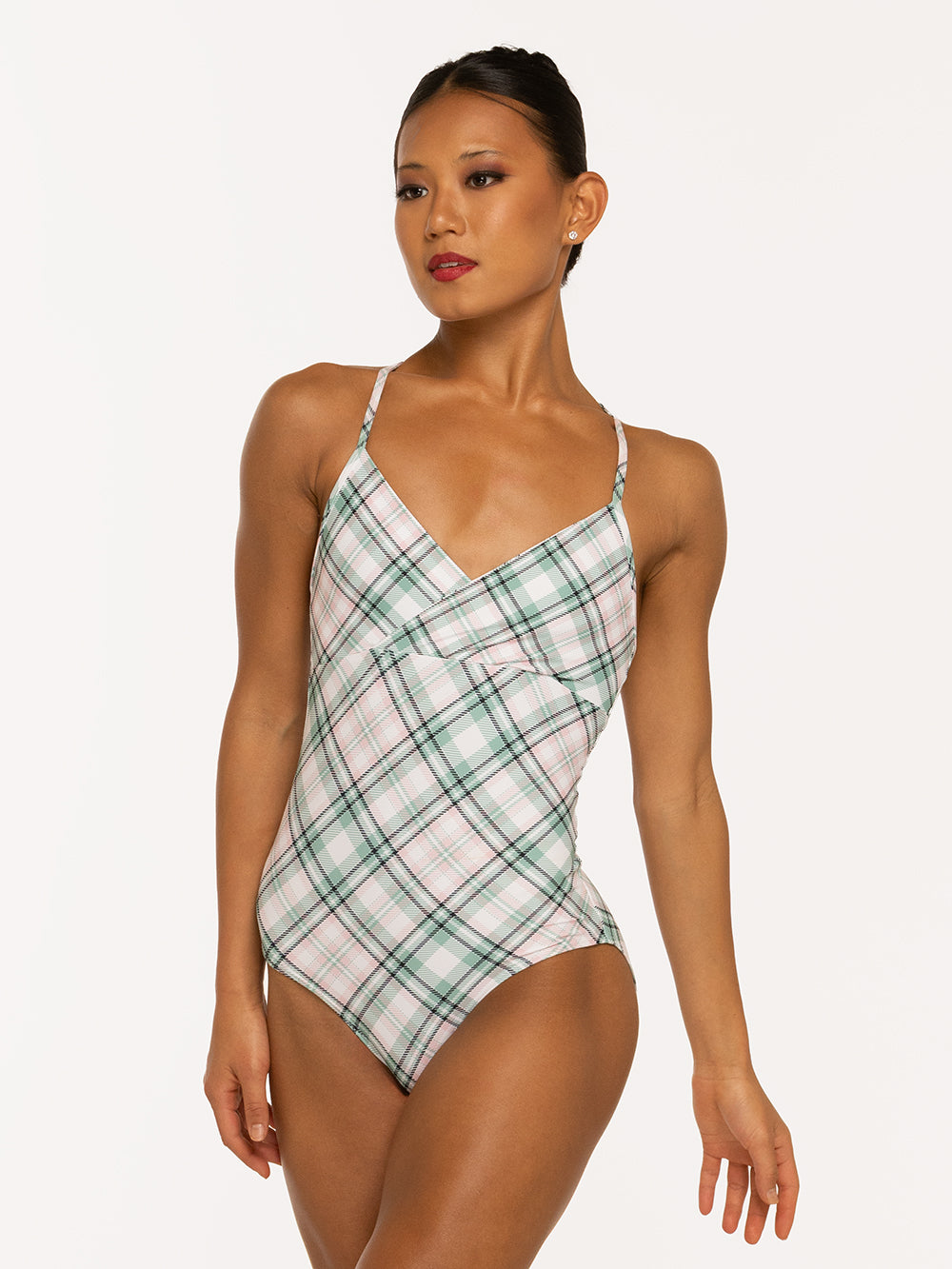 Eleve Dancewear Naomi Leotard in Pink Plaid print, front view