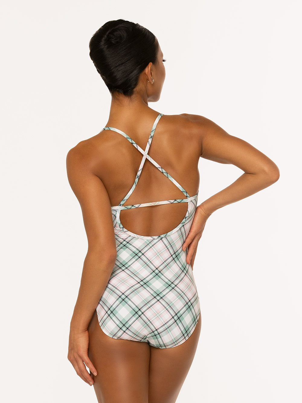 Eleve Dancewear Naomi Leotard Kids in Pink Plaid print, back view