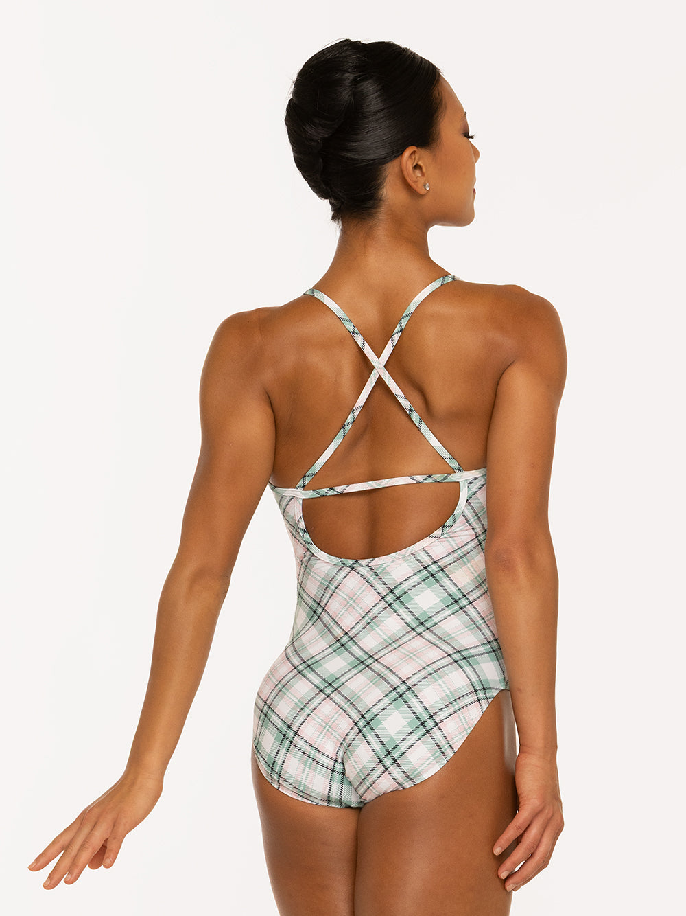 Eleve Dancewear Naomi Leotard in Pink Plaid print, back view