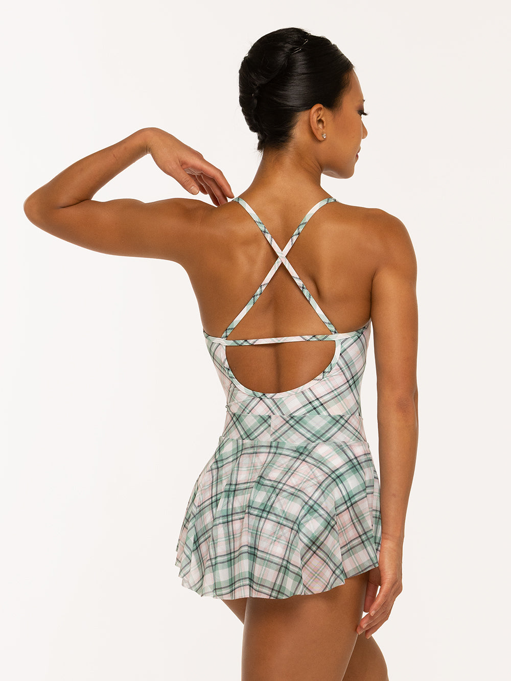 Eleve Dancewear Naomi Leotard in Pink Plaid print, detail back view