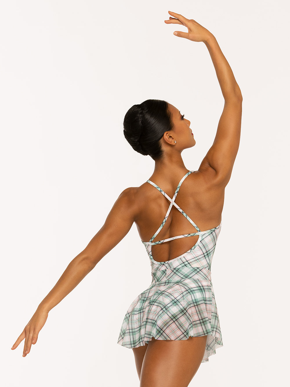 Eleve Dancewear Hipster Skirt in Pink Plaid Mesh print, back detail view of dancer posing