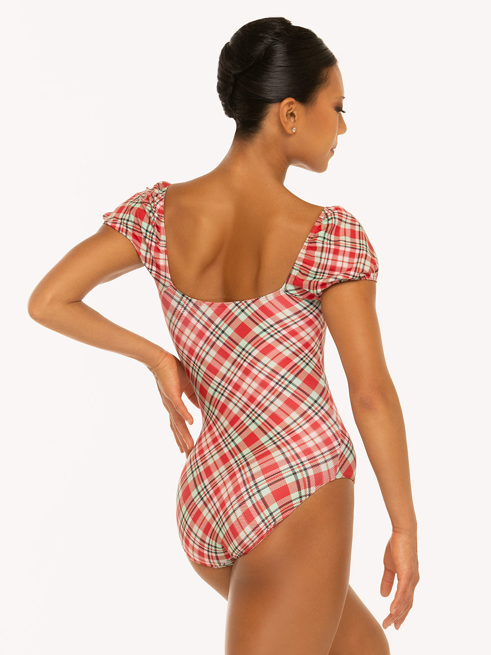 Eleve Dancewear Xena Leotard in Pink & Red Plaid print, back view