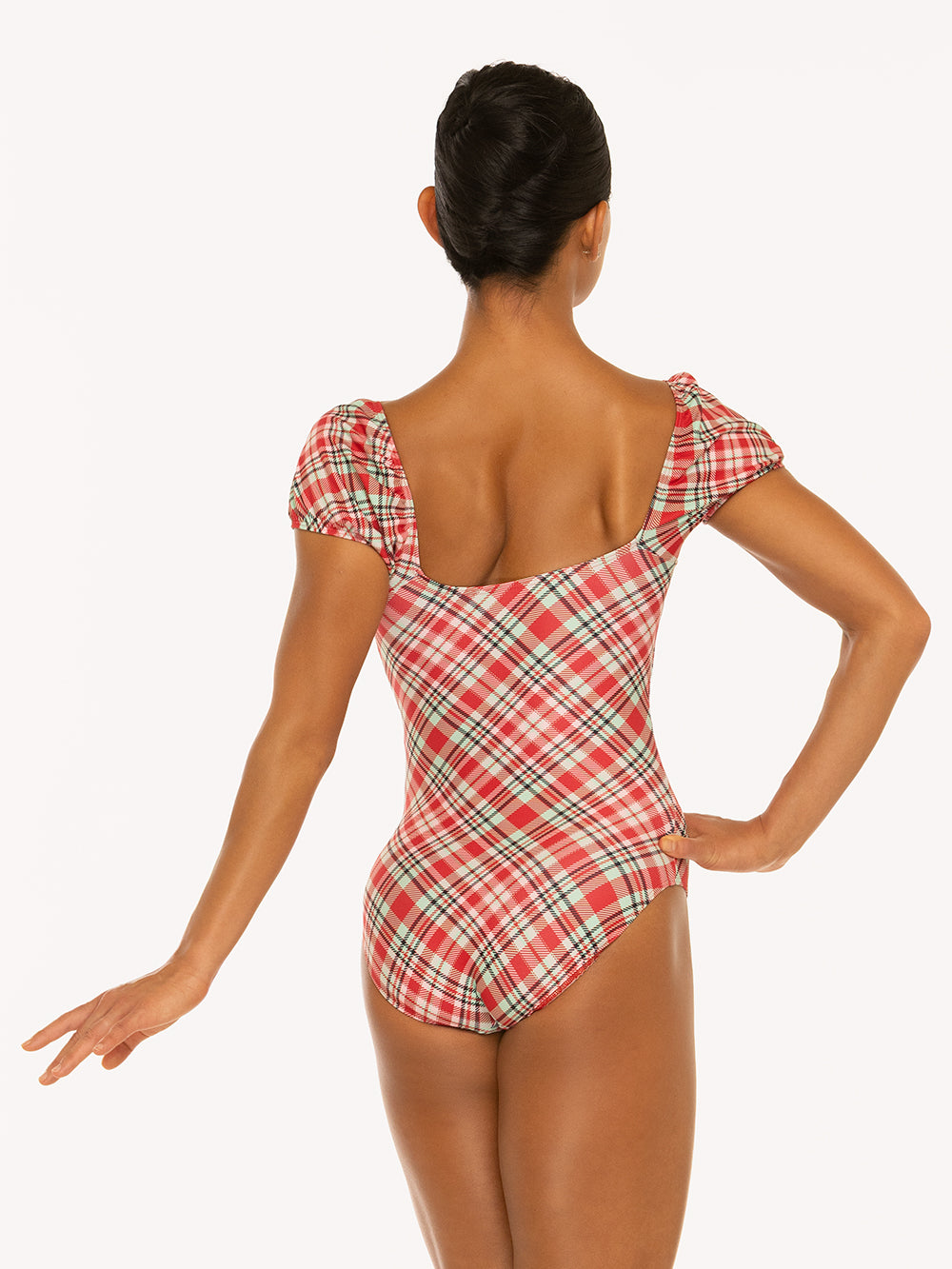 Eleve Dancewear Xena Leotard Kids in Pink & Red Plaid print, back view