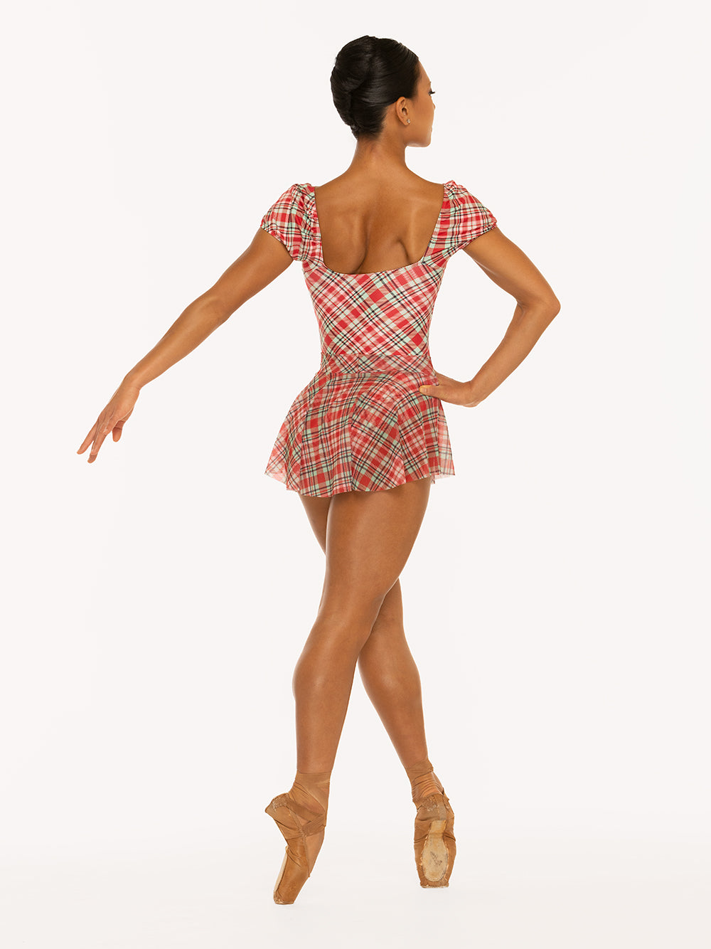 Eleve Dancewear Chris Leotard Christmas in Dogs Spearmint print, back view of dancer on pointe four position