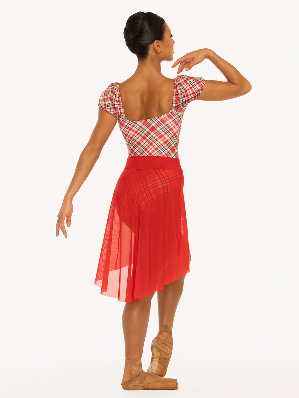 Eleve Dancewear Xena Leotard in Pink & Red Plaid print, back detail view