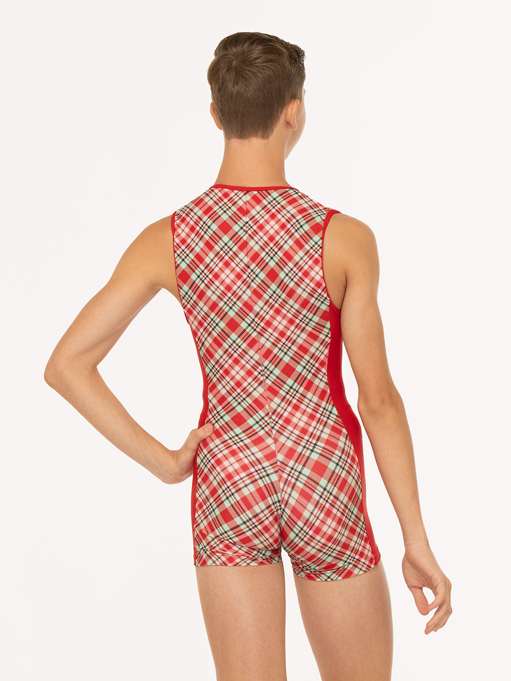 Eleve Dancewear Nathan Biketard in Pink & Red Plaid print, back detail view