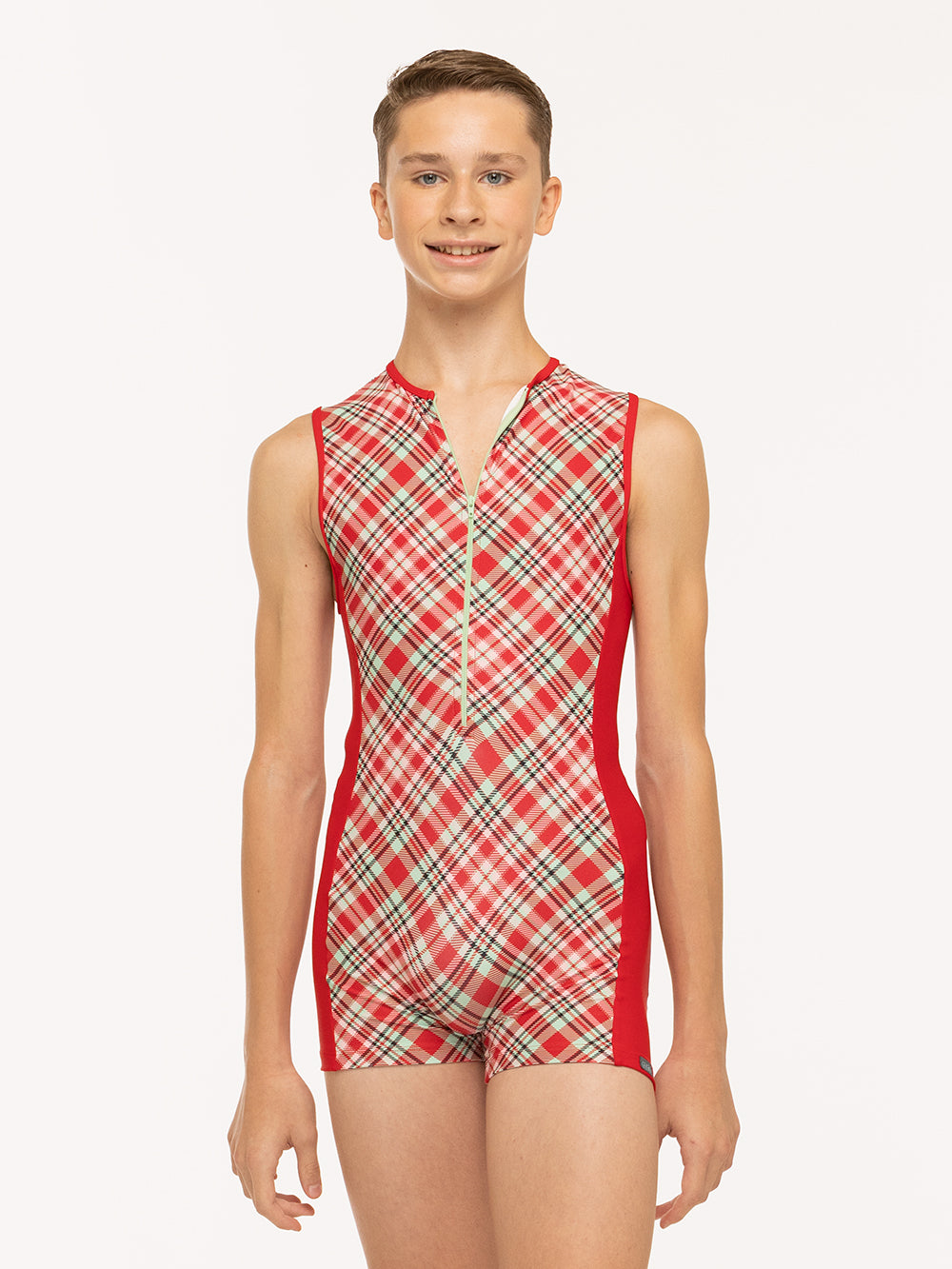 Eleve Dancewear Nathan Biketard in Pink & Red Plaid print, front detail view