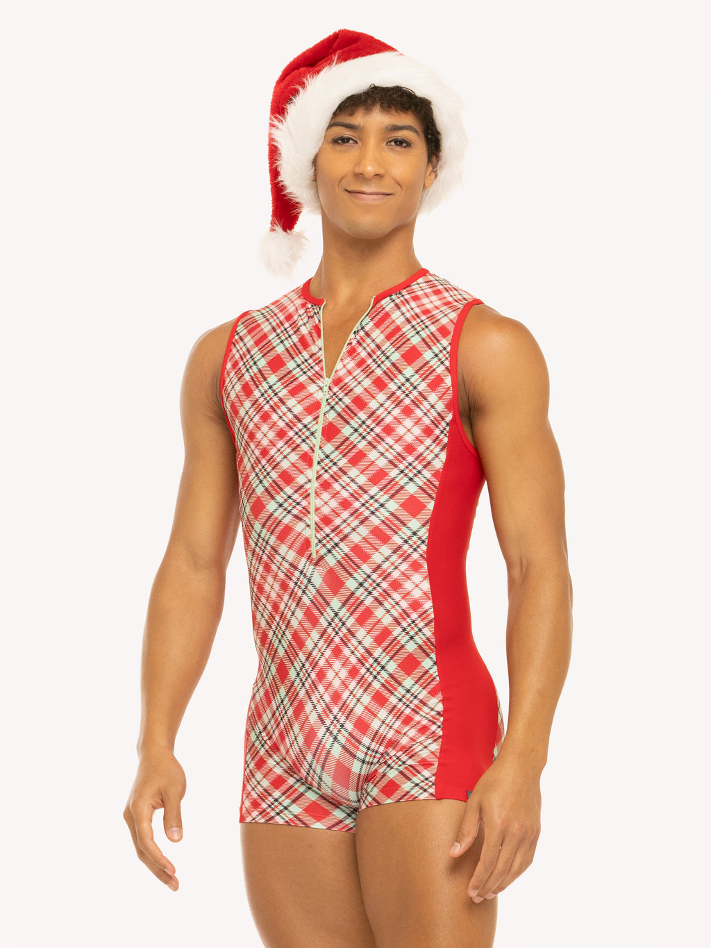Eleve Dancewear Nathan Biketard in Pink & Red Plaid print, front view