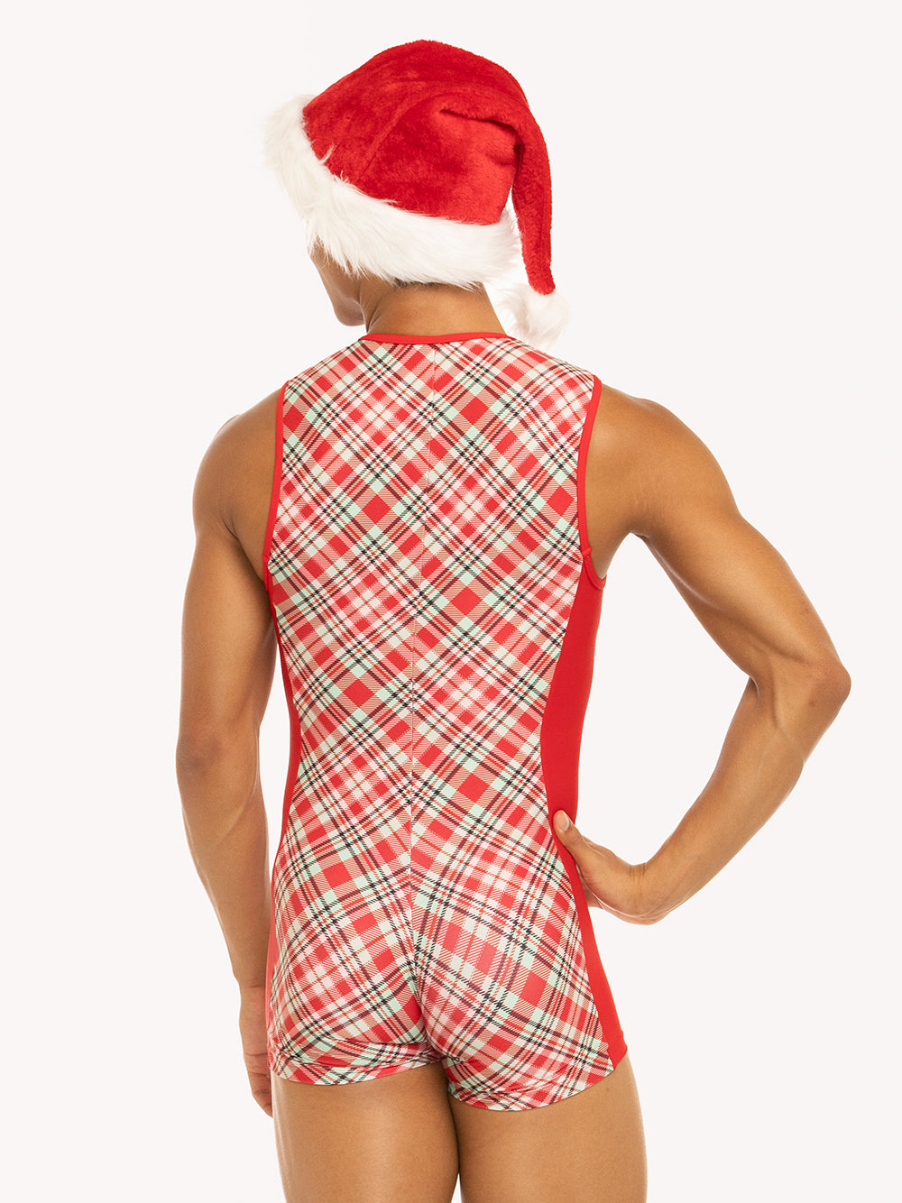 Eleve Dancewear Nathan Biketard in Pink & Red Plaid print, back view