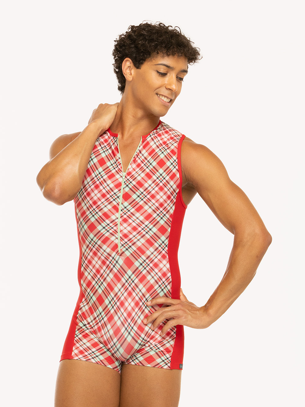 Eleve Dancewear Nathan Biketard in Pink & Red Plaid print, detail front view