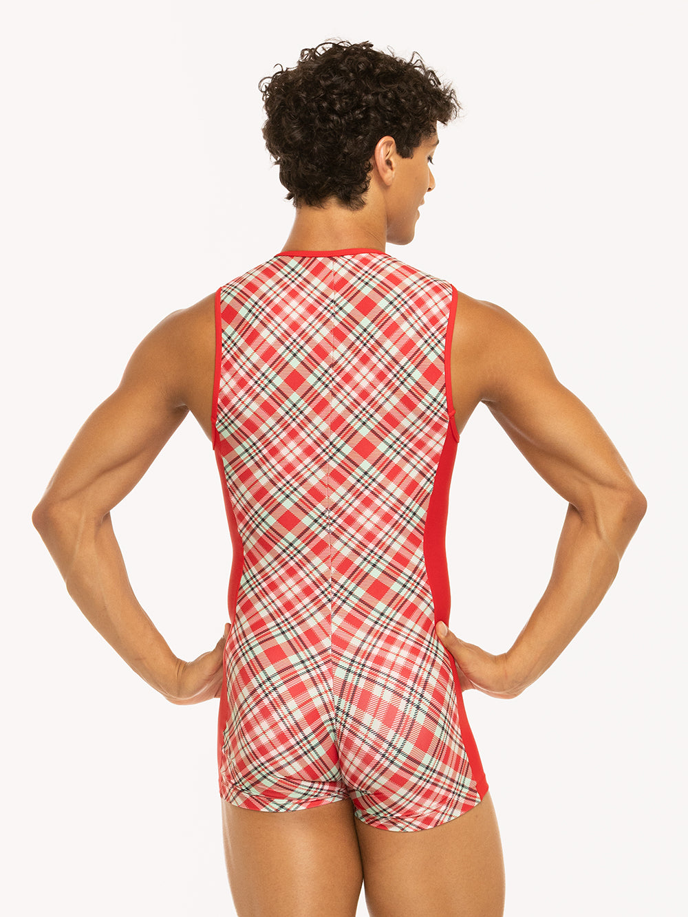 Eleve Dancewear Nathan Biketard in Pink & Red Plaid print, detail back view