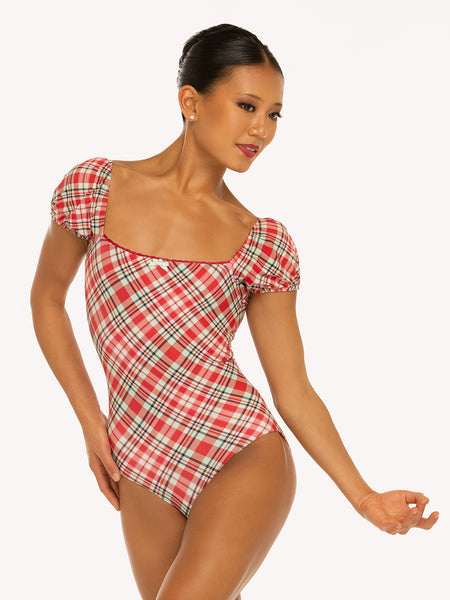 Eleve Dancewear Xena Leotard in Pink & Red Plaid print, front view