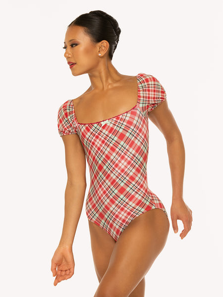 Eleve Dancewear Xena Leotard Kids in Pink & Red Plaid print, front view
