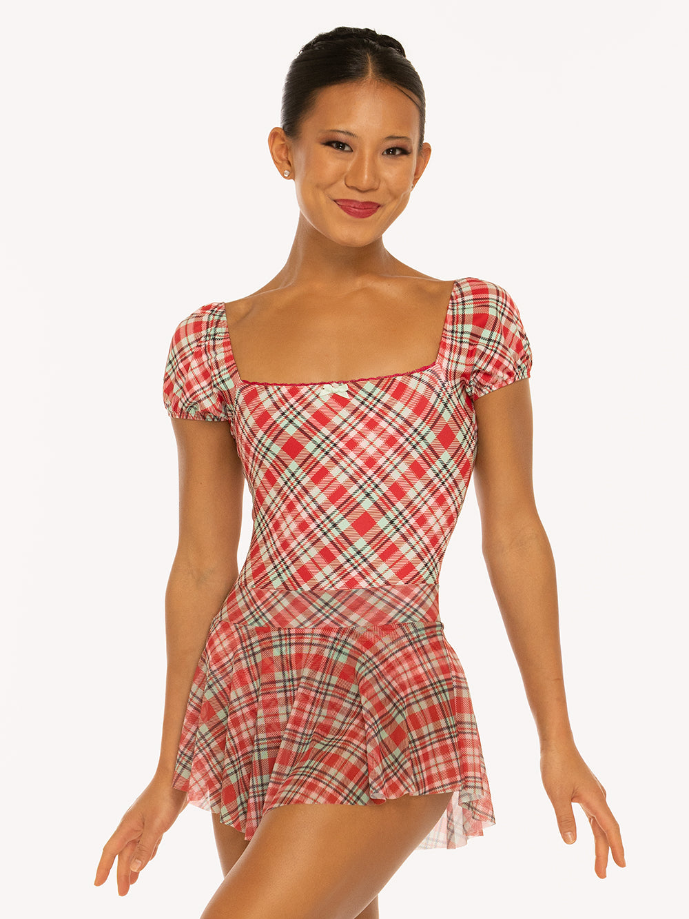 Eleve Dancewear Hipster Skirt Kids in Pink & Red Plaid Mesh print, front view