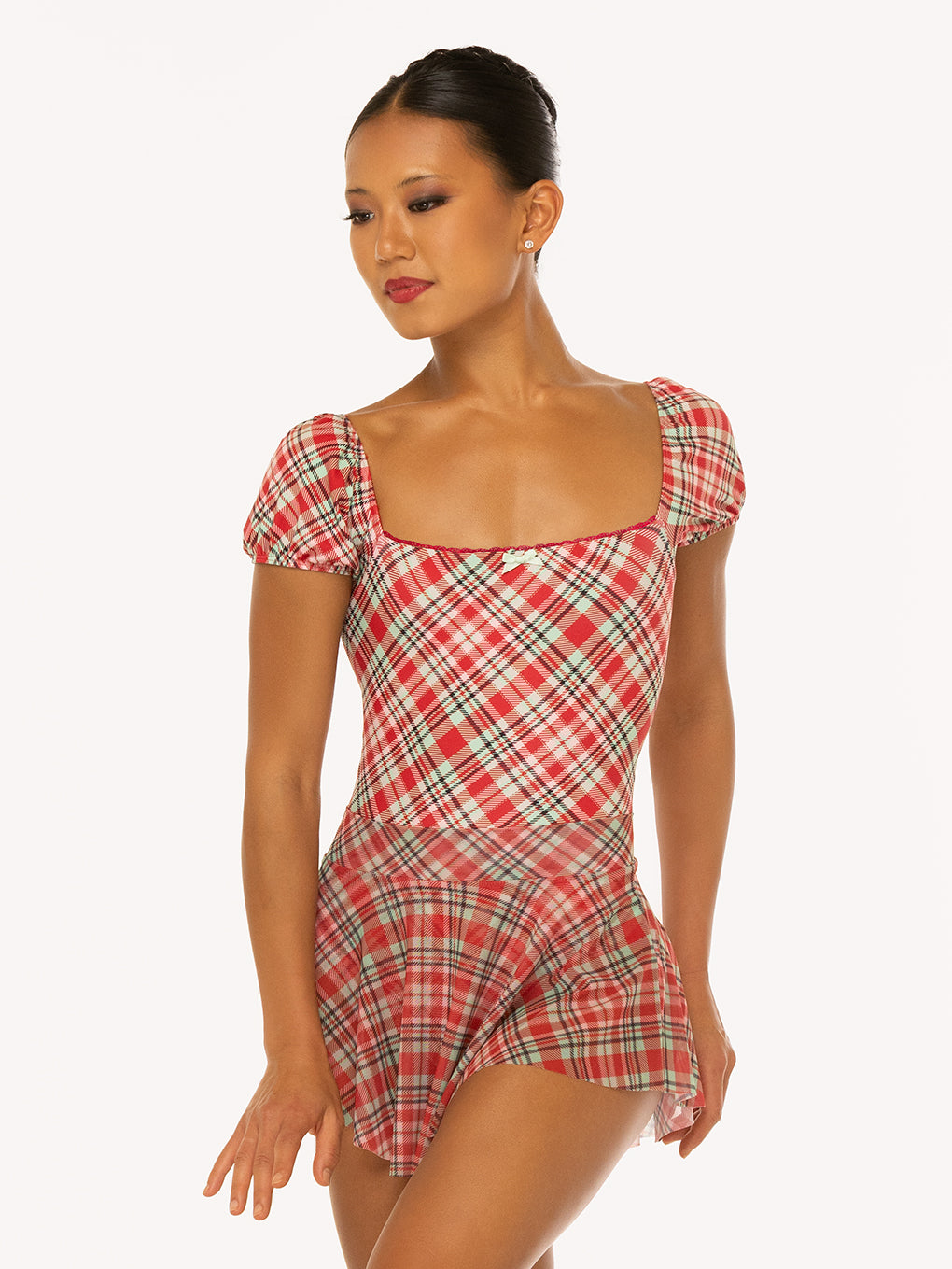 Eleve Dancewear Xena Leotard in Pink & Red Plaid print, detail front view