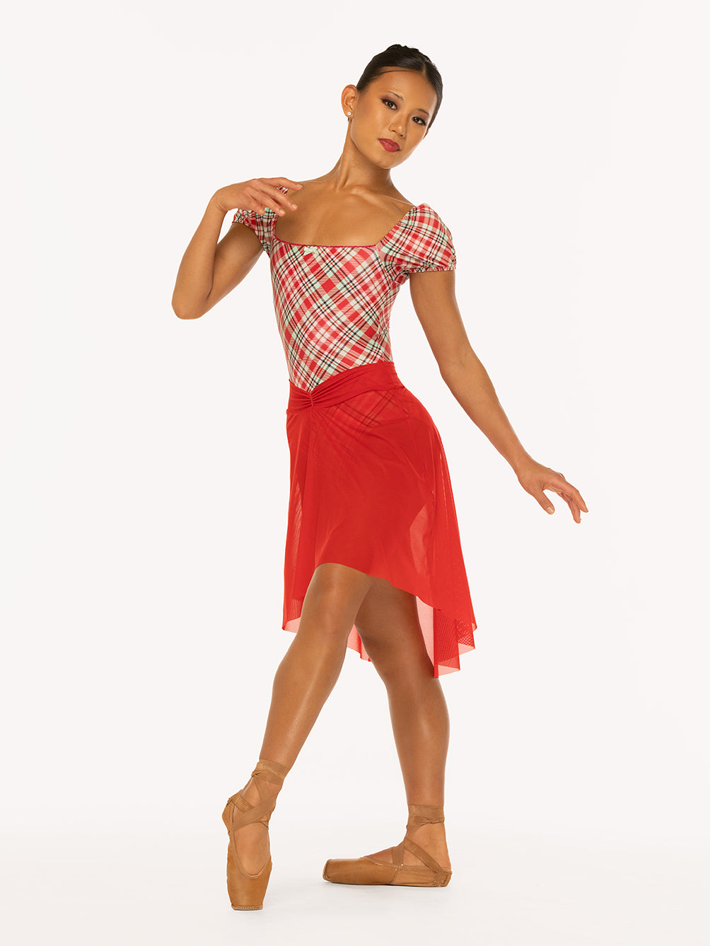Eleve Dancewear Xena Leotard in Pink & Red Plaid print and Amora Long High-Low Skirt Kids in Red Mesh color, front detail view