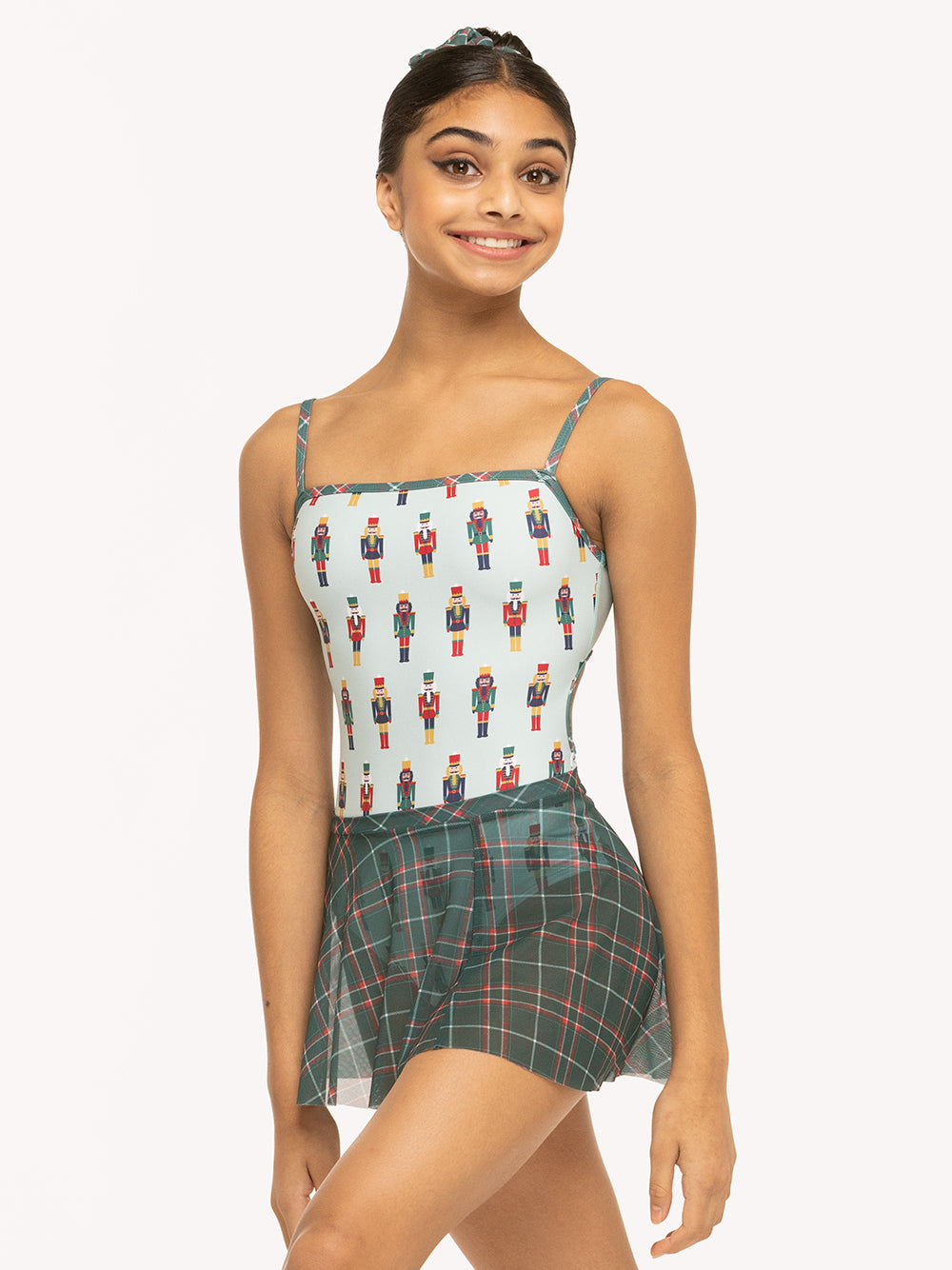 Eleve Dancewear Lilli Leotard in Whimsy Battle & Green Plaid print, front detail view 