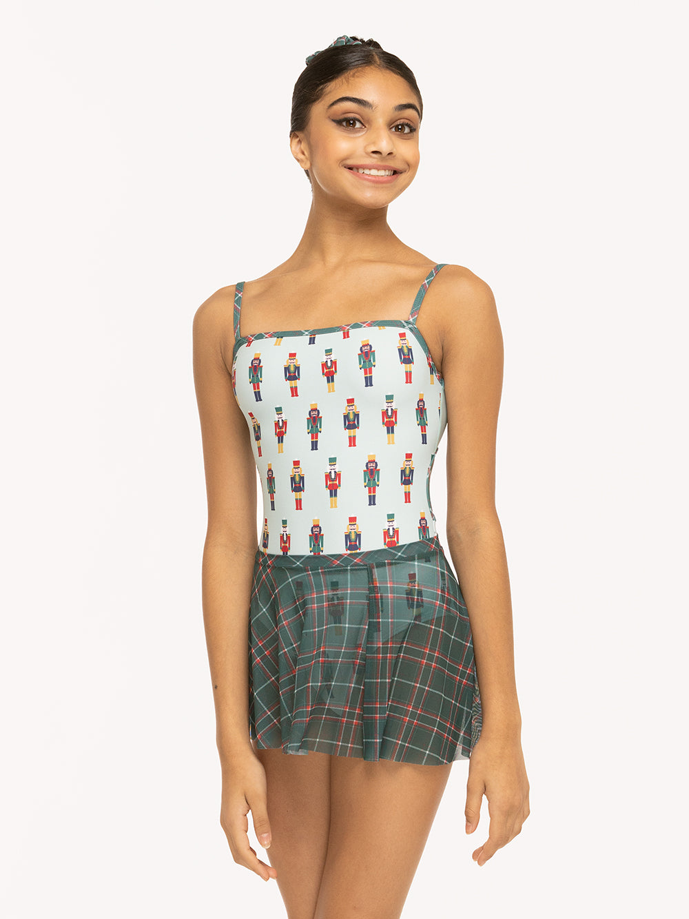 Eleve Dancewear Helena Leotard in More Nuts print, front view detail of dancer posing