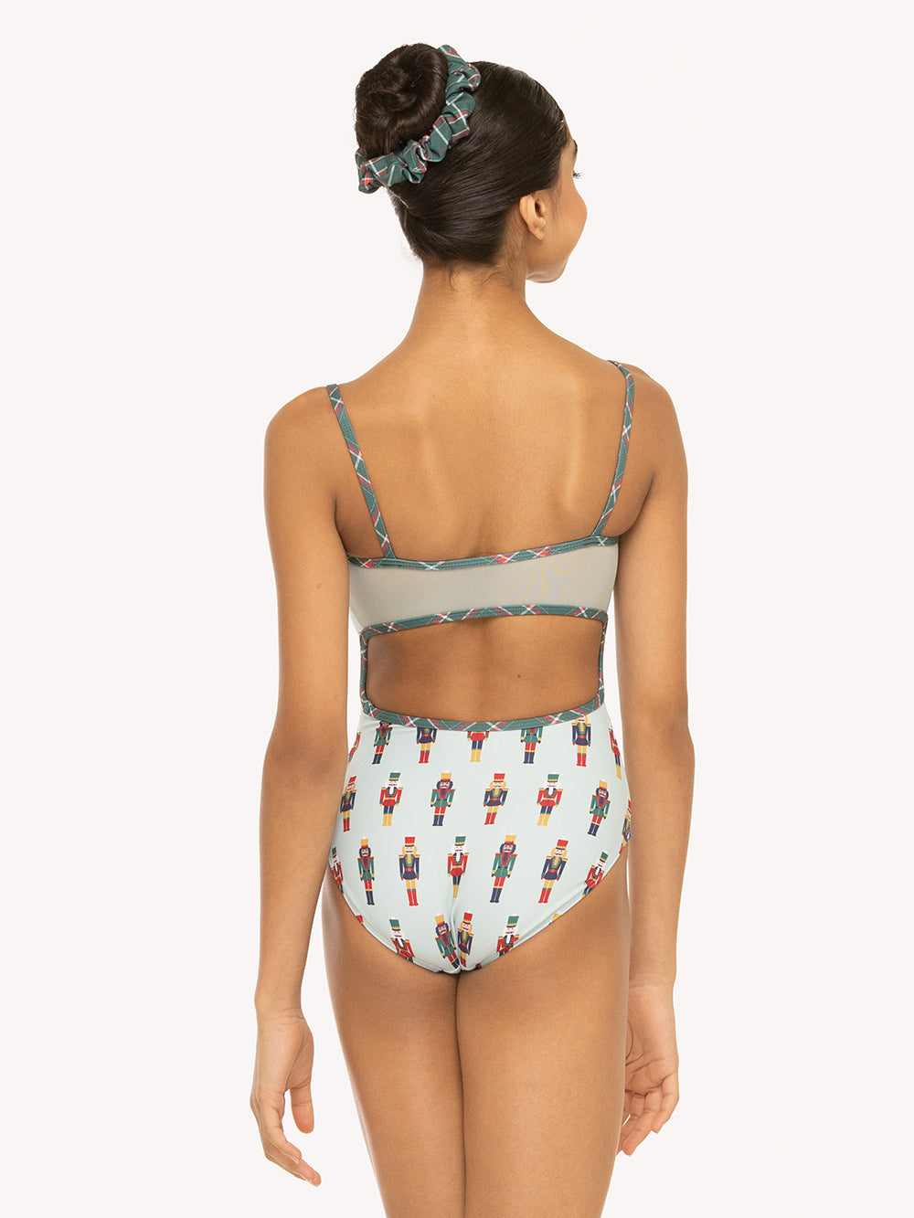 Eleve Dancewear Helena Leotard in More Nuts print, back detail view of dancer posing