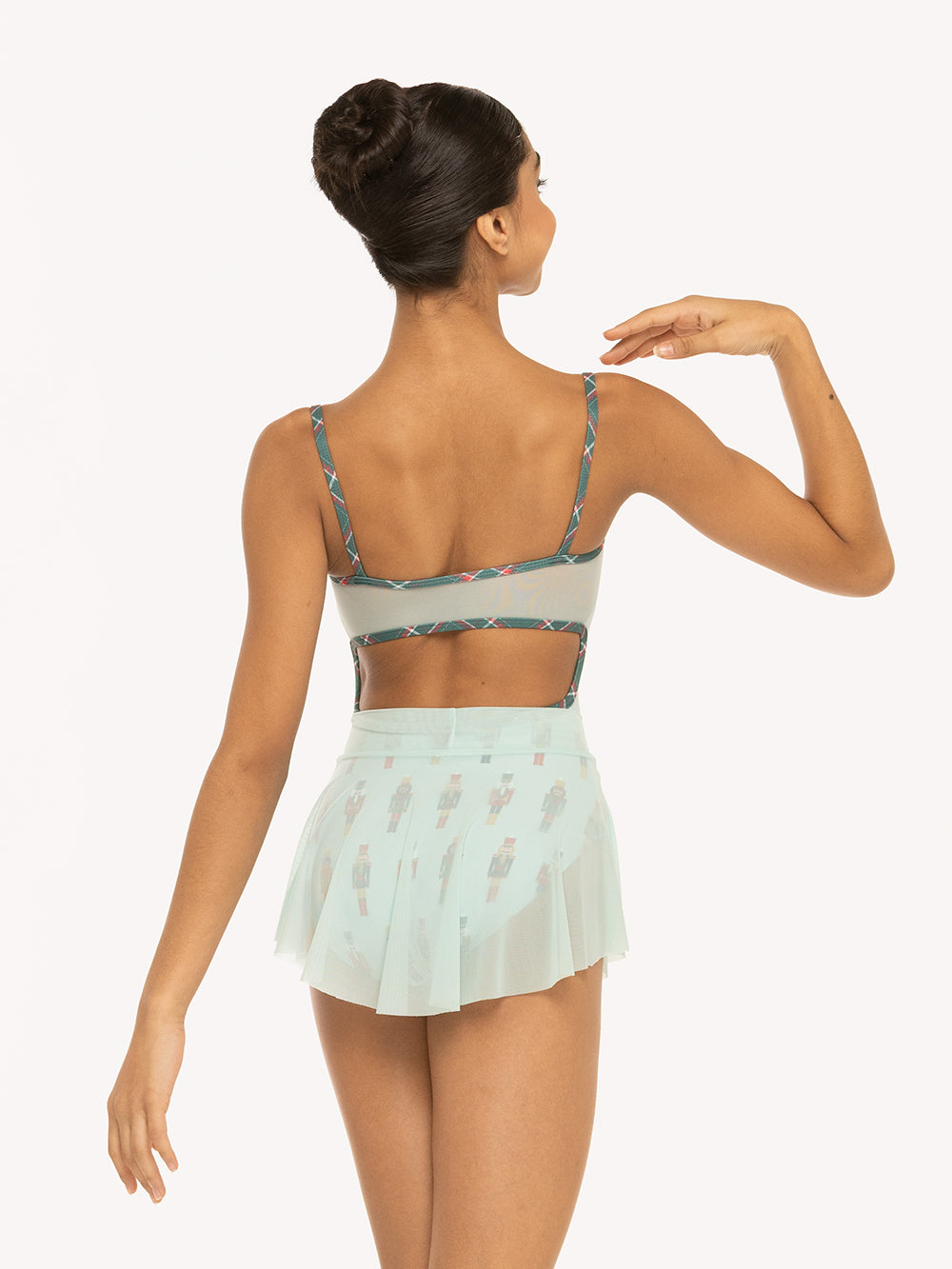 Eleve Dancewear Helena Leotard Kids in More Nuts print, back detail view of dancer posing