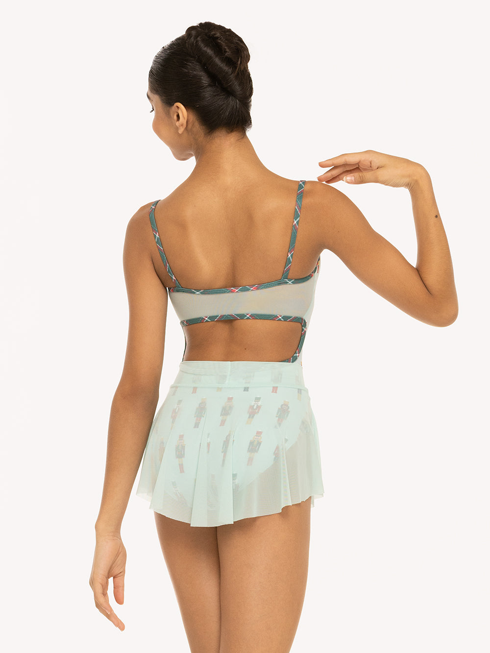 Eleve Dancewear Helena Leotard in More Nuts print, detail back view of dancer posing