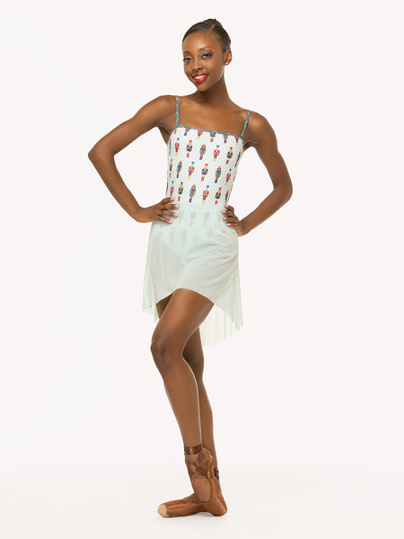 Eleve Dancewear Mid High-Low Skirt Kids in Pool Mesh print color, front detail view of dancer posing