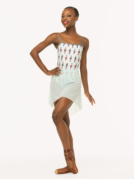 Eleve Dancewear Mid High-Low Skirt in Pool Mesh print color, front detail view of dancer posing