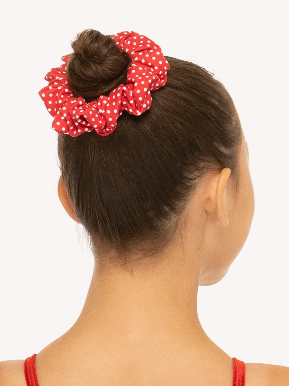 Eleve Dancewear Scrunchie in Red & White Mini Dots print, back view