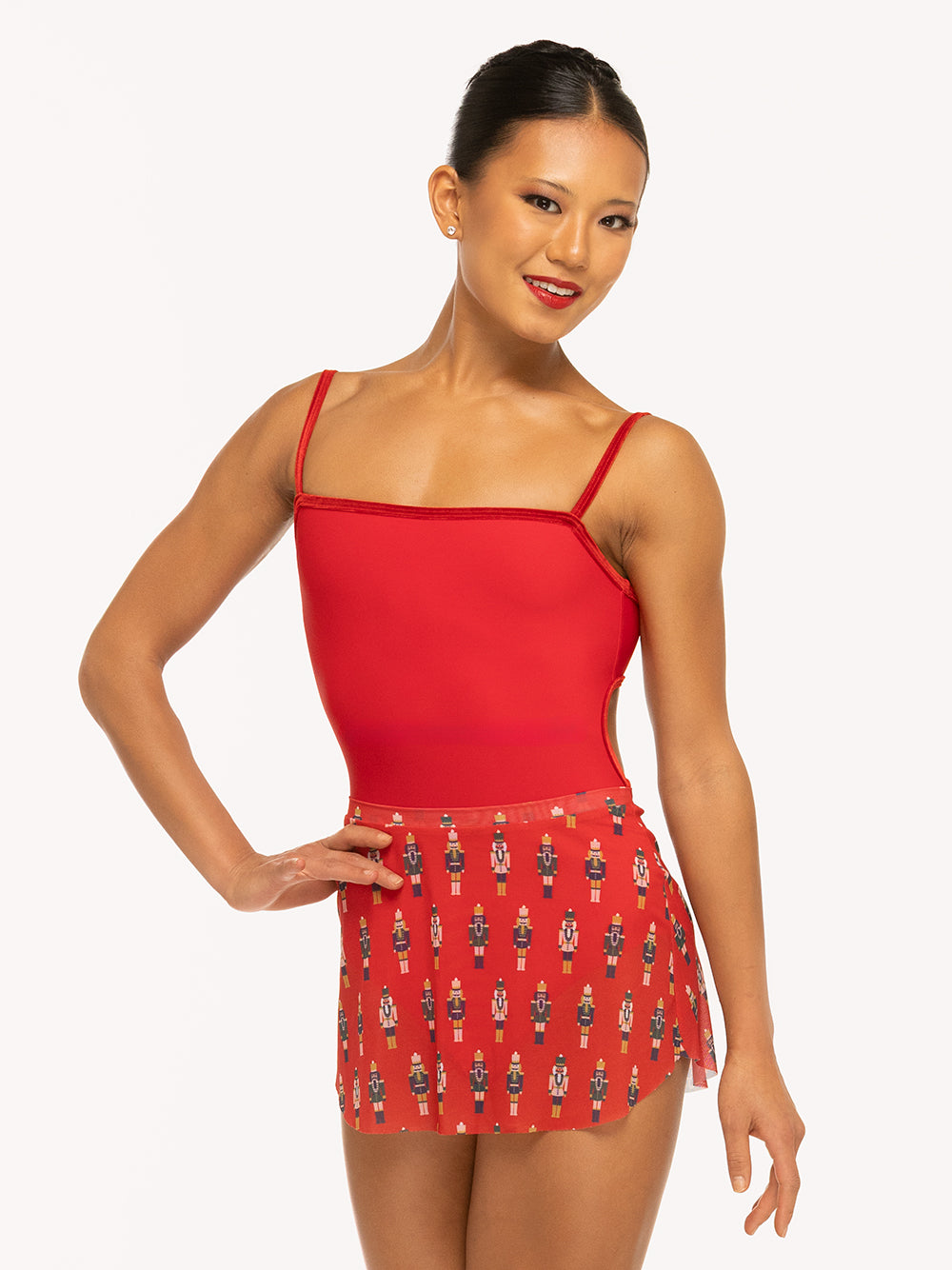 Eleve Dancewear Helena Leotard in Red Velvet color, detail front view