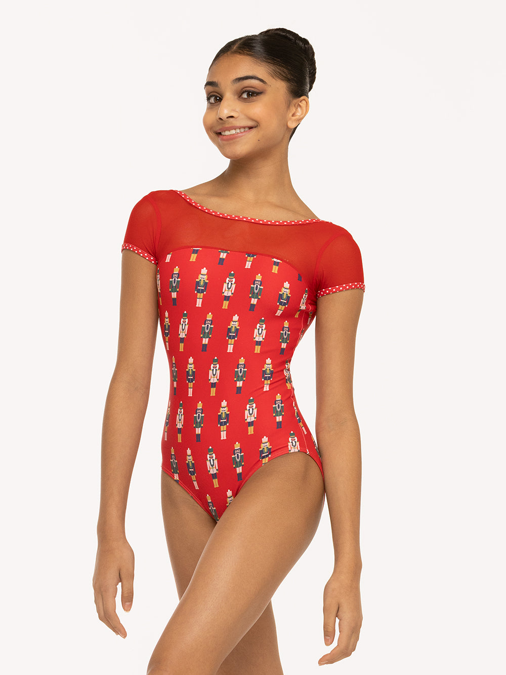 Eleve Dancewear Ida leotard in More Nuts Red print, front detail view