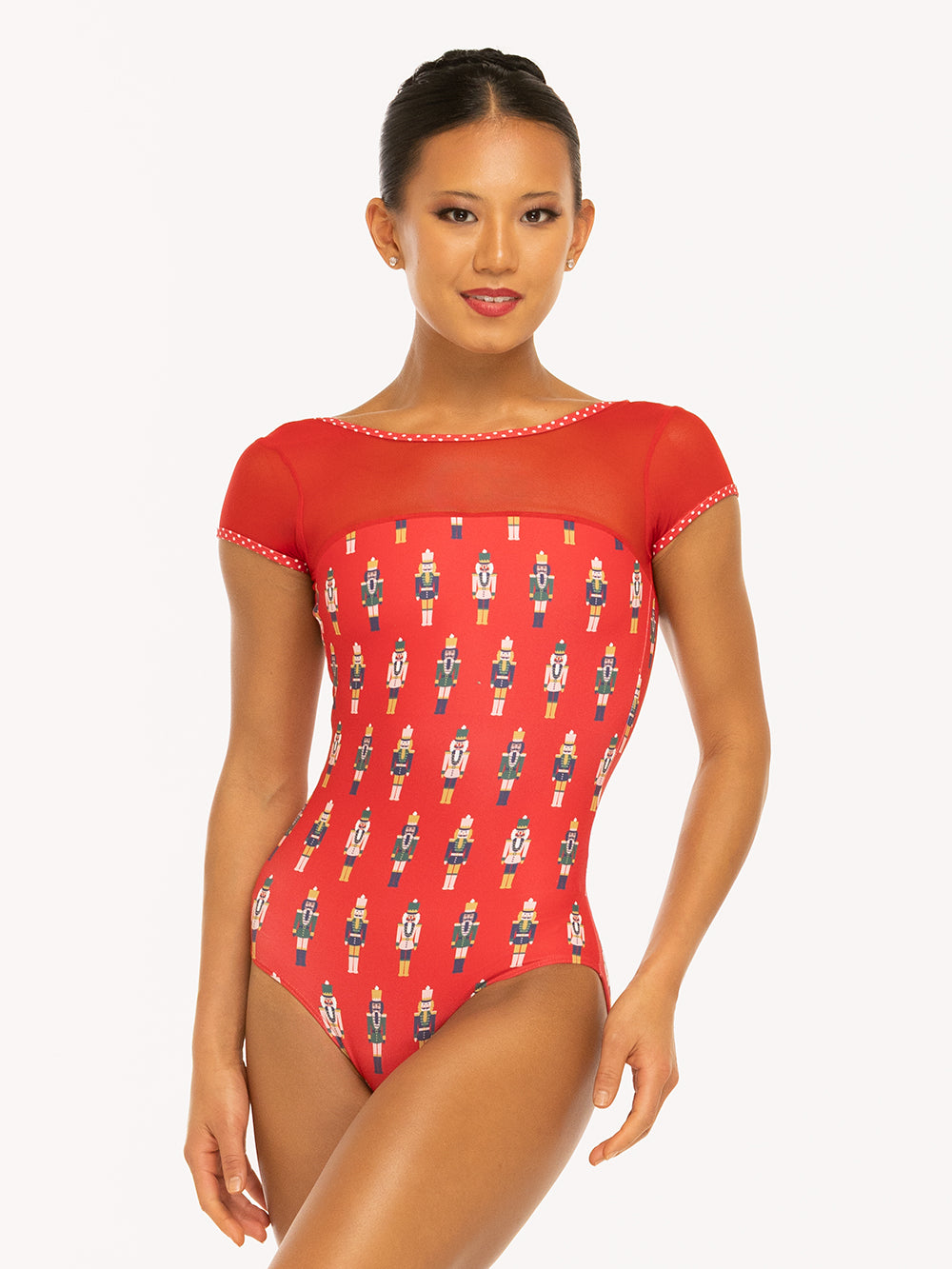 Eleve Dancewear Ida leotard in More Nuts Red print, front view