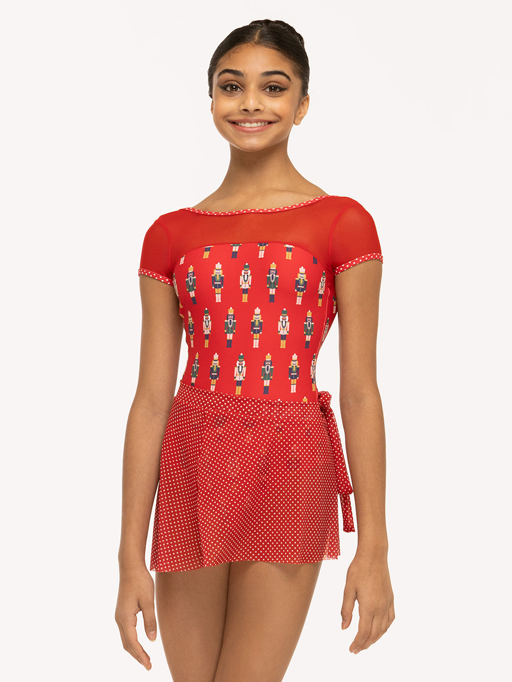Eleve Dancewear Ida leotard Kids in More Nuts Red print, detail front view