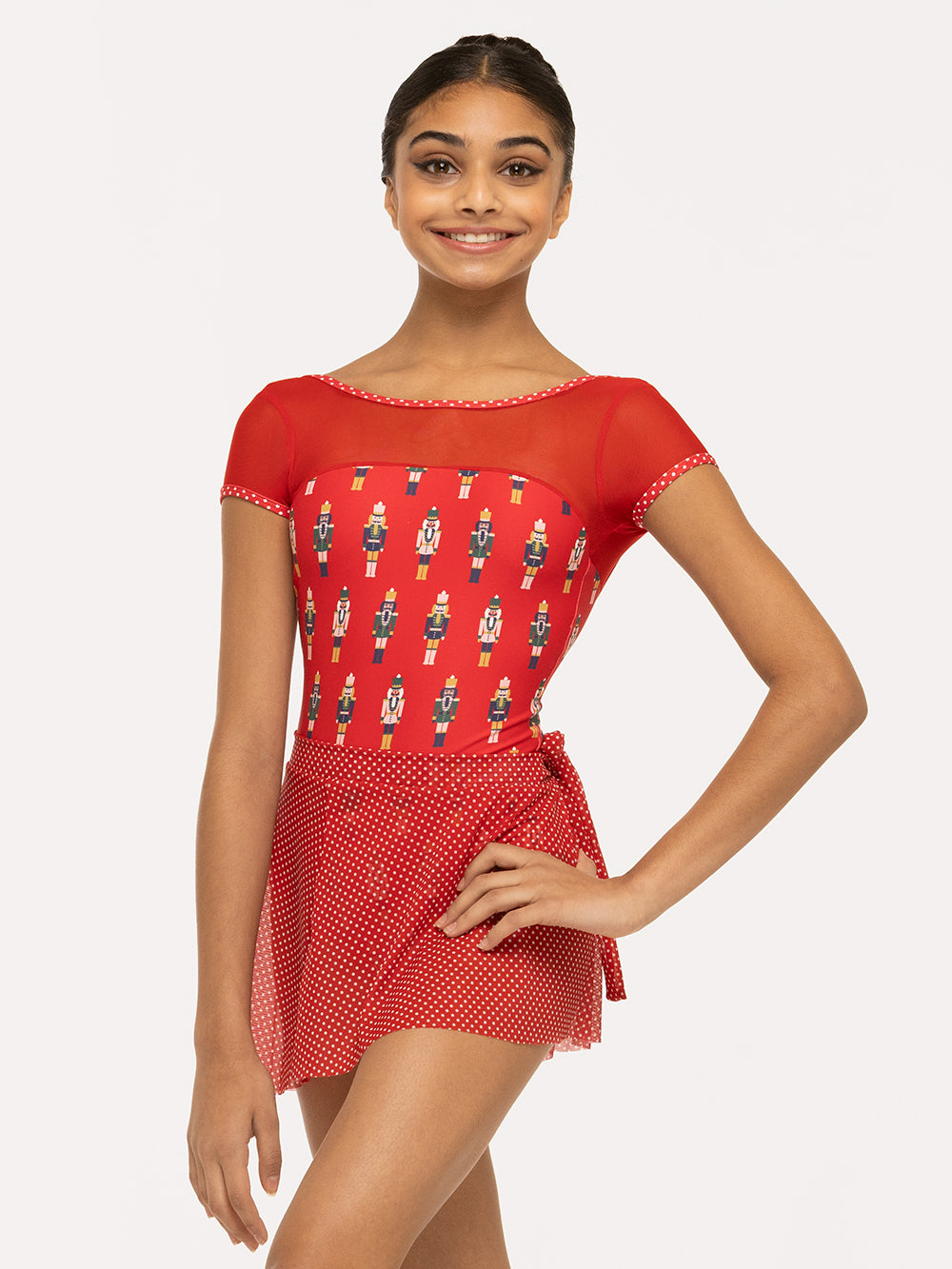 Eleve Danceewear Mini Tie Skirt Kids in Red & White Dots print, front view