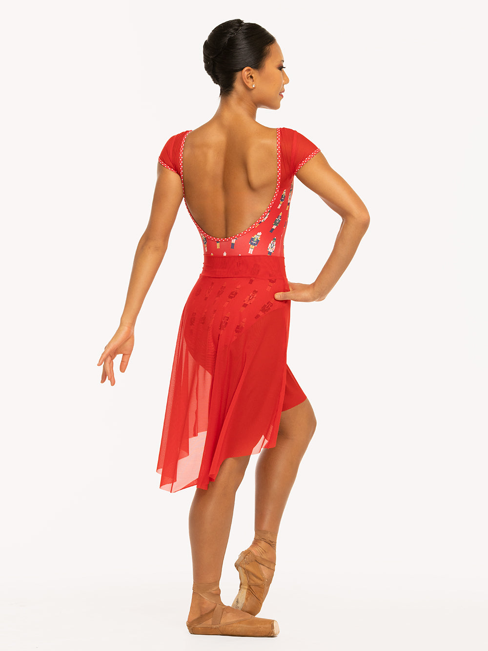 Eleve Dancewear Ida leotard in More Nuts Red print and Amora Long High-Low Skirt Kids in Red Mesh color, detail back view