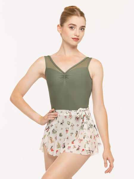 Eleve Dancewear Petal Skirt Kids in Christmas Dogs Cream Mesh print, front detail view