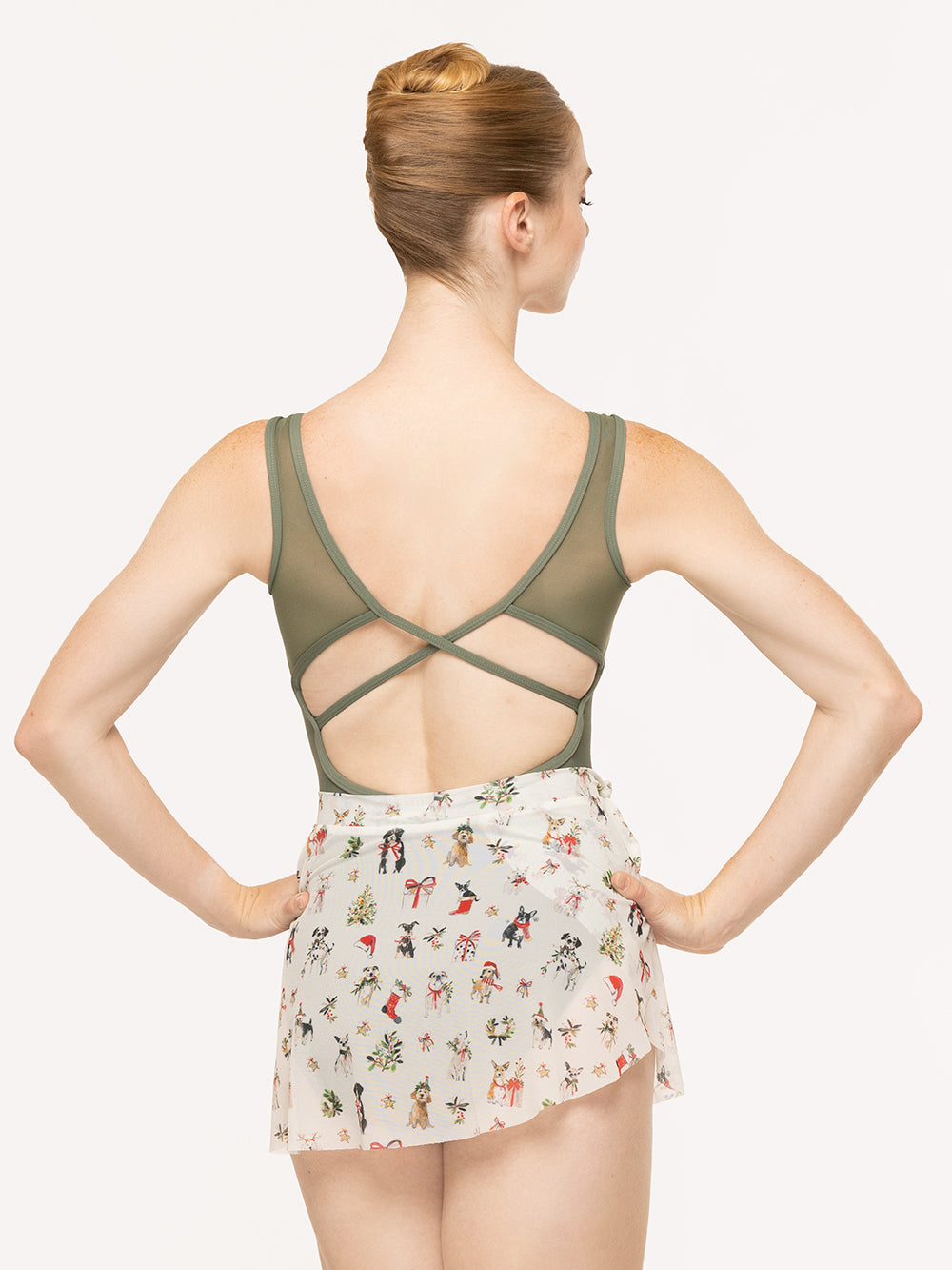 Eleve Dancewear Petal Skirt in Christmas Dogs Cream Mesh print, back view