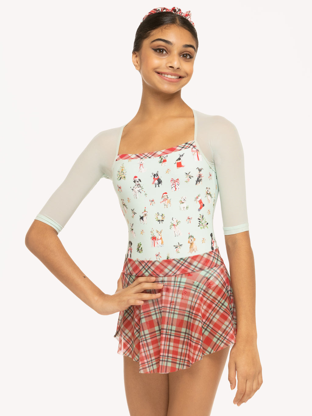 Eleve Dancewear Chris Leotard Christmas Kids in Dogs Spearmint print, detail front view