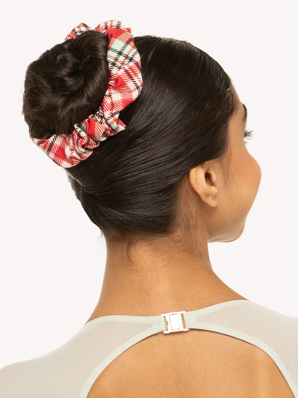 Eleve Dancewear Scrunchie in Pink & Red Plaid print, back close view