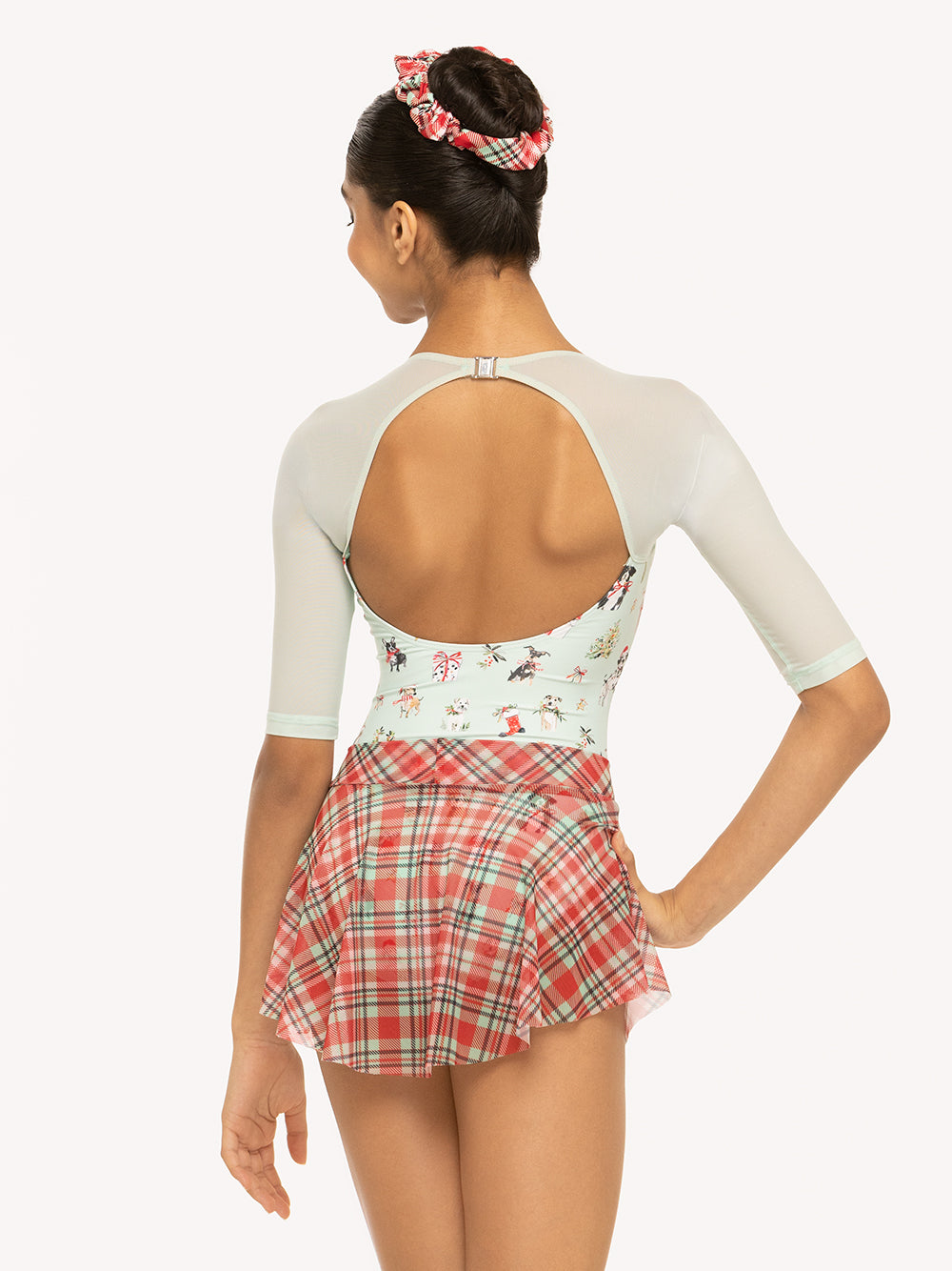 Eleve Dancewear Scrunchie in Pink & Red Plaid with Chris Leotard in Christmas Dogs Spearmint Hipster Skirt Pink & Red Plaid, back view