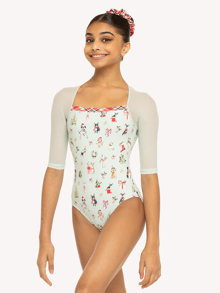 Eleve Dancewear Chris Leotard Christmas in Dogs Spearmint print, front view